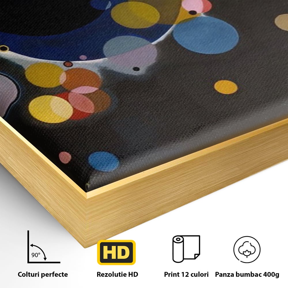 Detaliu al suprafetei: pictura abstracta cu cercuri colorate, in rama de aluminiu auriu