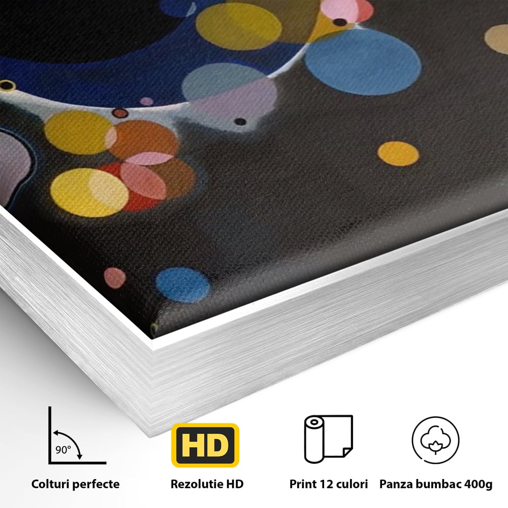 Detaliu al suprafetei: pictura abstracta cu cercuri colorate, in rama de aluminiu argintiu