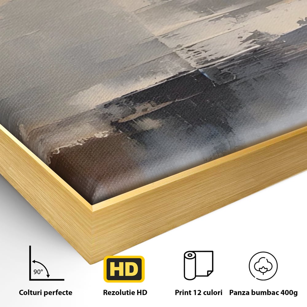 Detaliu al suprafetei: pictura abstracta cu peisaj orizonal, in rama de aluminiu auriu