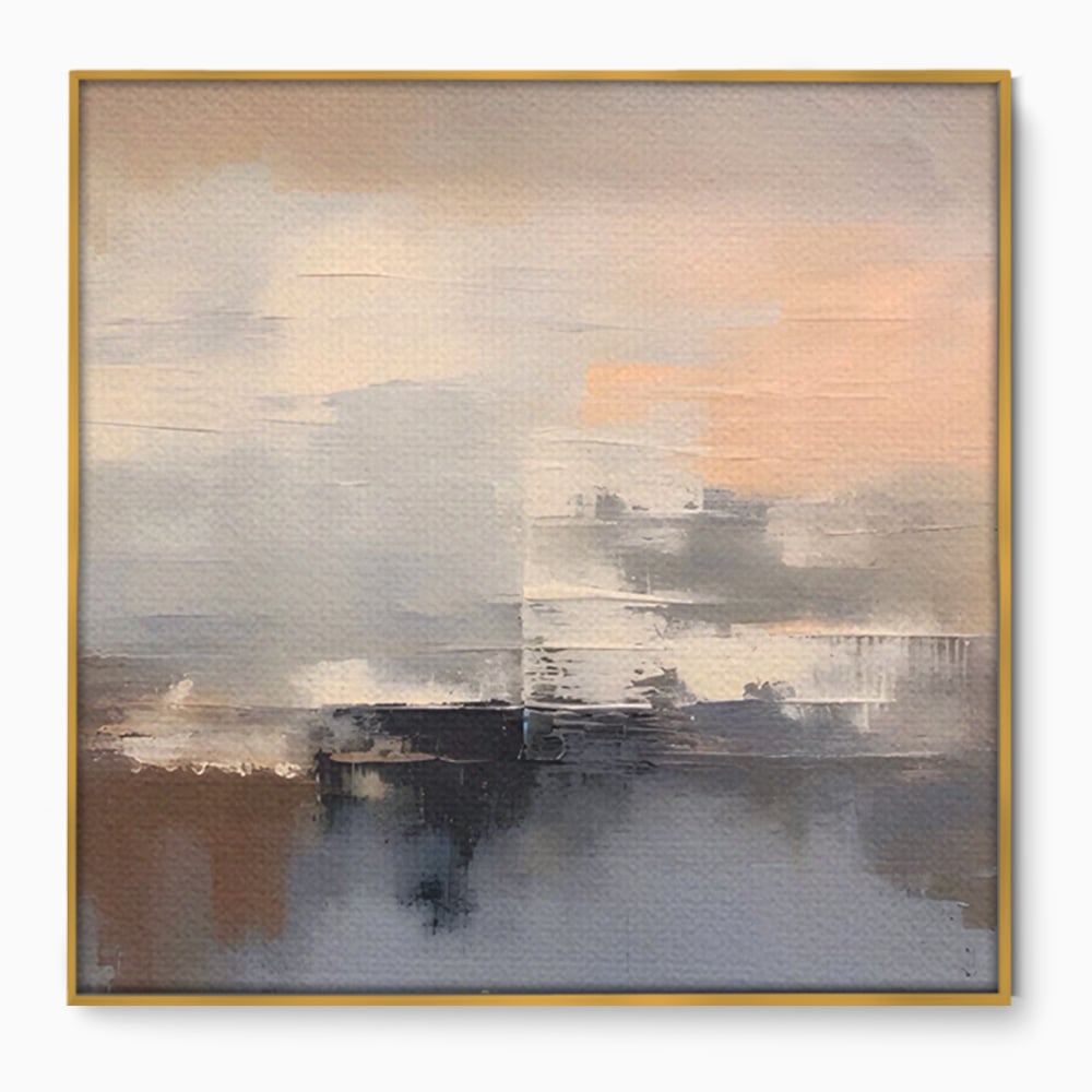 Tablou canvas cu pictura abstracta cu peisaj orizonal, in rama de aluminiu auriu
