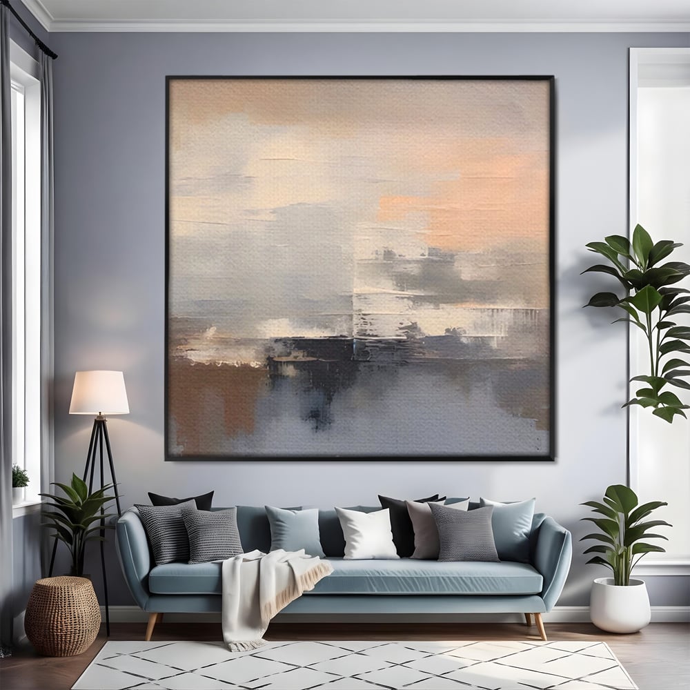 Tablou canvas cu pictura abstracta cu peisaj orizonal, in rama de aluminiu negru, pe perete intr-un living