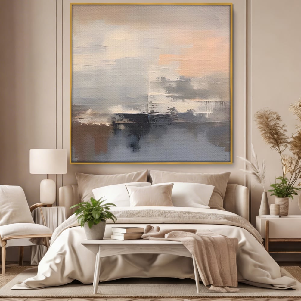 Tablou canvas cu pictura abstracta cu peisaj orizonal, in rama de aluminiu auriu, pe perete intr-un dormitor