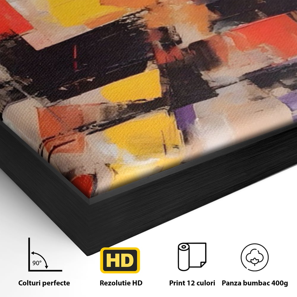 Detaliu al suprafetei: tablou canvas cu compozitie abstracta, in rama de aluminiu negru