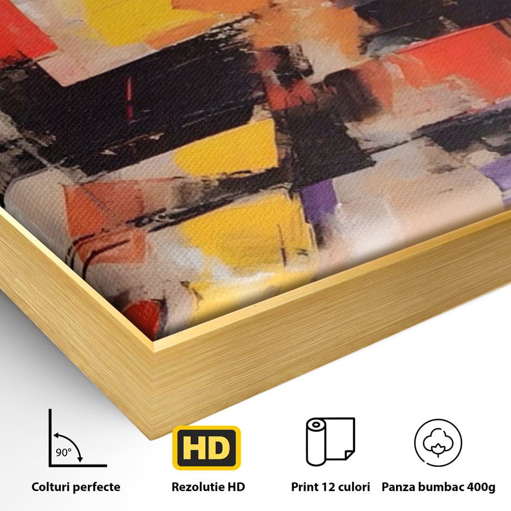 Detaliu al suprafetei: tablou canvas cu compozitie abstracta, in rama de aluminiu auriu