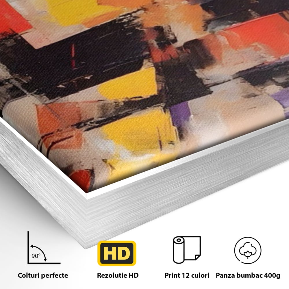 Detaliu al suprafetei: tablou canvas cu compozitie abstracta, in rama de aluminiu argintiu