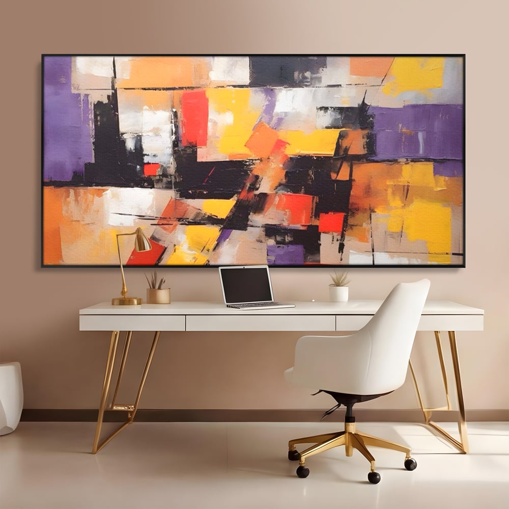Tablou canvas cu tablou canvas cu compozitie abstracta, in rama de aluminiu negru, pe perete intr-un birou
