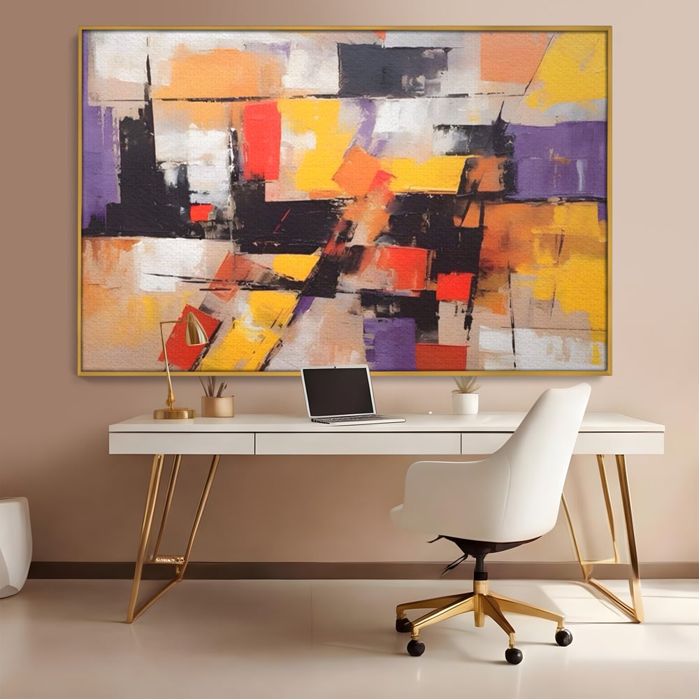 Tablou canvas cu tablou canvas cu compozitie abstracta, in rama de aluminiu auriu, pe perete intr-un birou