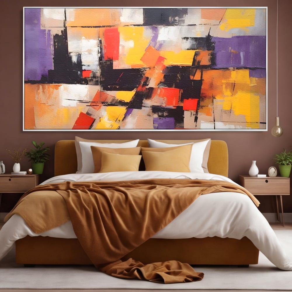 Tablou canvas cu tablou canvas cu compozitie abstracta, in rama de aluminiu argintiu, pe perete intr-un dormitor