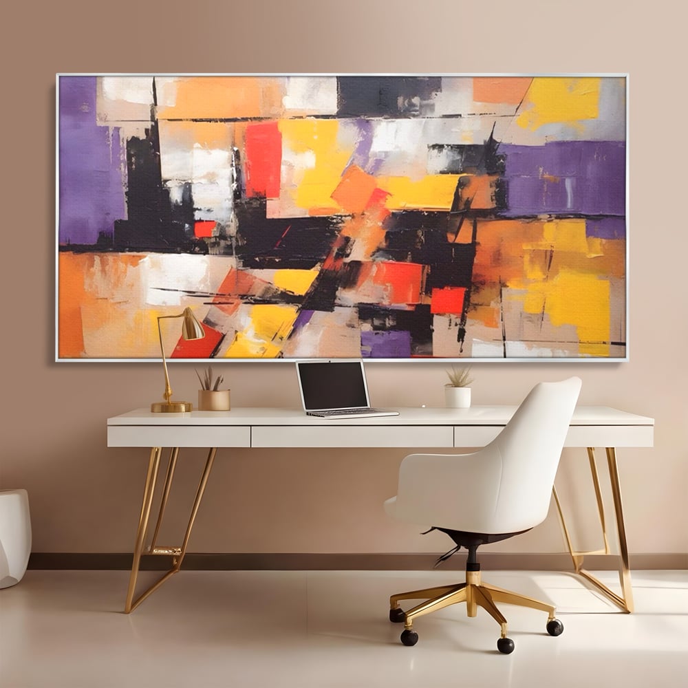 Tablou canvas cu tablou canvas cu compozitie abstracta, in rama de aluminiu argintiu, pe perete intr-un birou