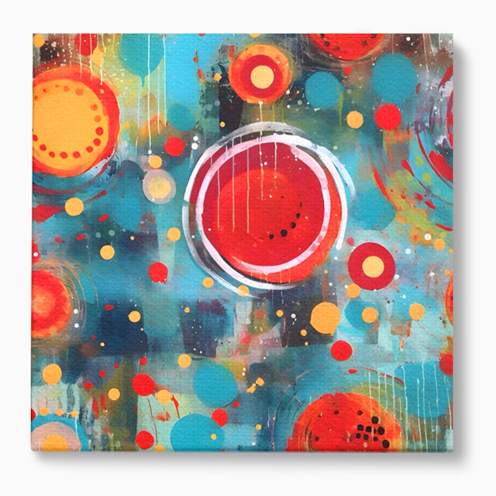 Tablou canvas cu pictura abstracta cu cercuri rosii si galbene, fara rama, pe sasiu de lemn