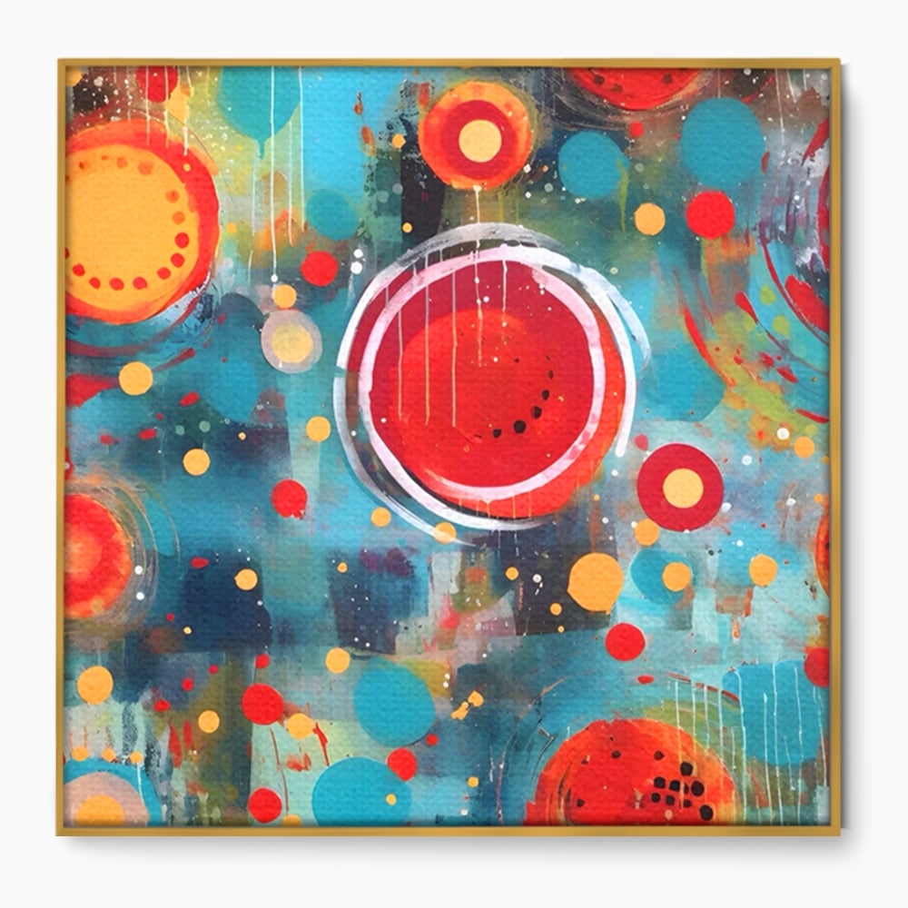 Tablou canvas cu pictura abstracta cu cercuri rosii si galbene, in rama de aluminiu auriu