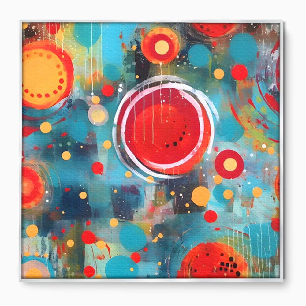 Tablou canvas cu pictura abstracta cu cercuri rosii si galbene, in rama de aluminiu argintiu