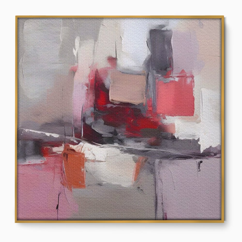 Tablou canvas cu pictura abstracta cu blocuri rosii si gri, in rama de aluminiu auriu