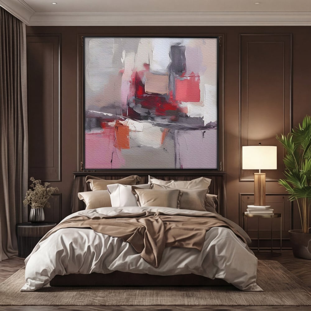 Tablou canvas cu pictura abstracta cu blocuri rosii si gri, in rama de aluminiu negru, pe perete intr-un dormitor