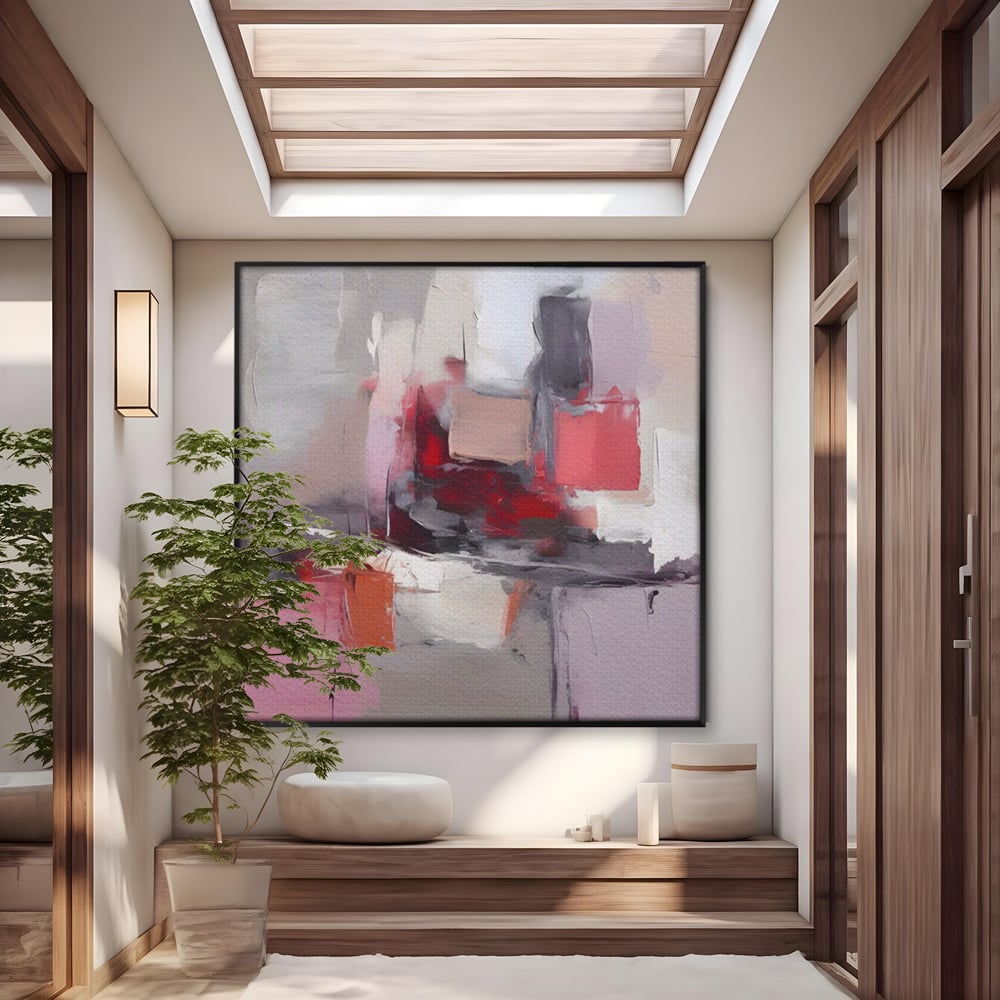 Tablou canvas cu pictura abstracta cu blocuri rosii si gri, in rama de aluminiu negru