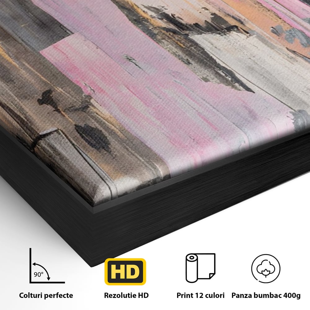 Detaliu al suprafetei: pictura abstracta cu dungi roz, in rama de aluminiu negru