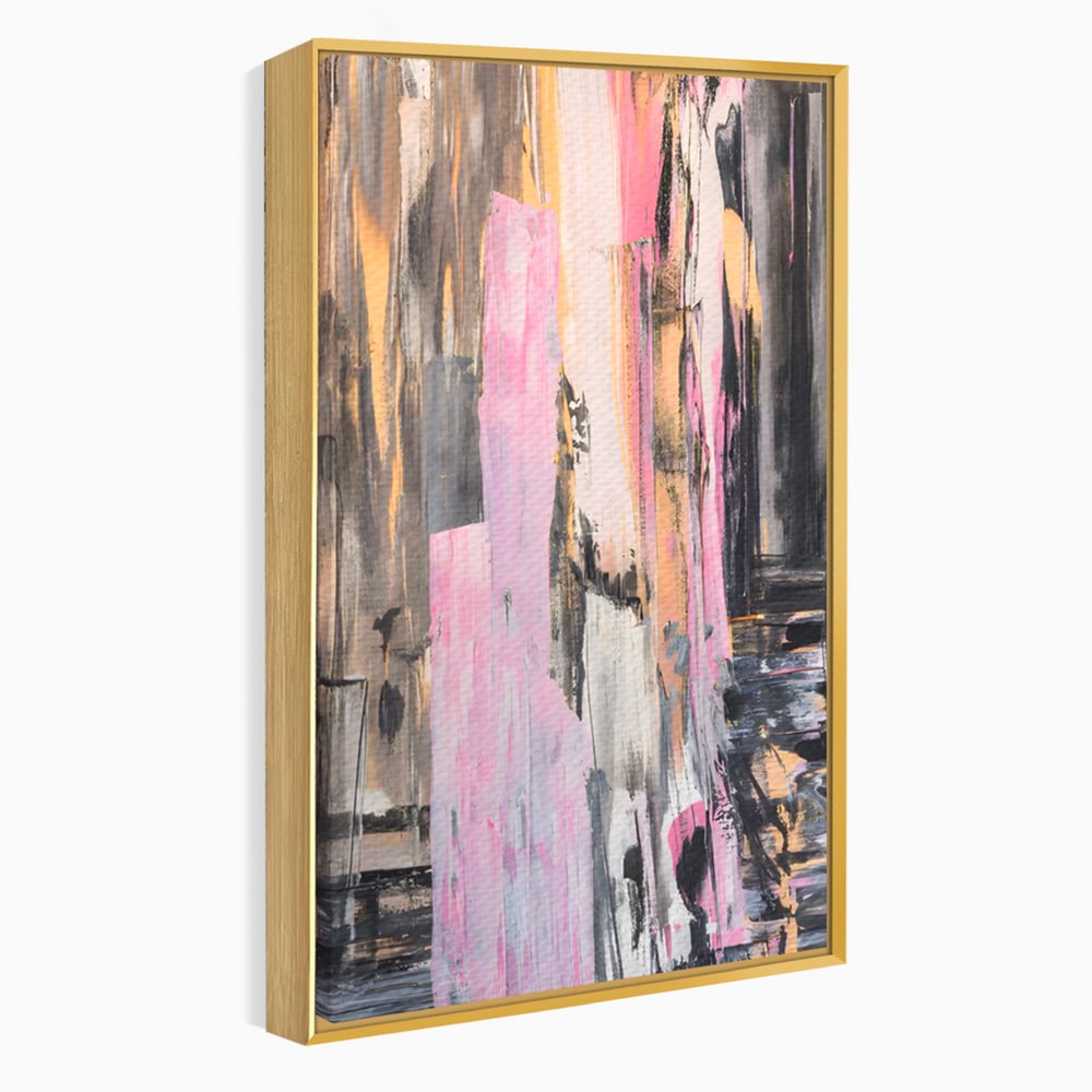 Tablou canvas cu pictura abstracta cu dungi roz, in rama de aluminiu auriu