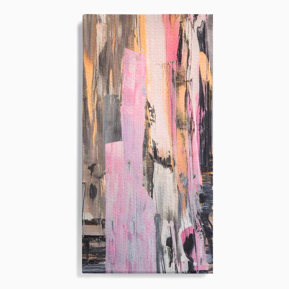 Tablou canvas cu pictura abstracta cu dungi roz, fara rama, pe sasiu de lemn