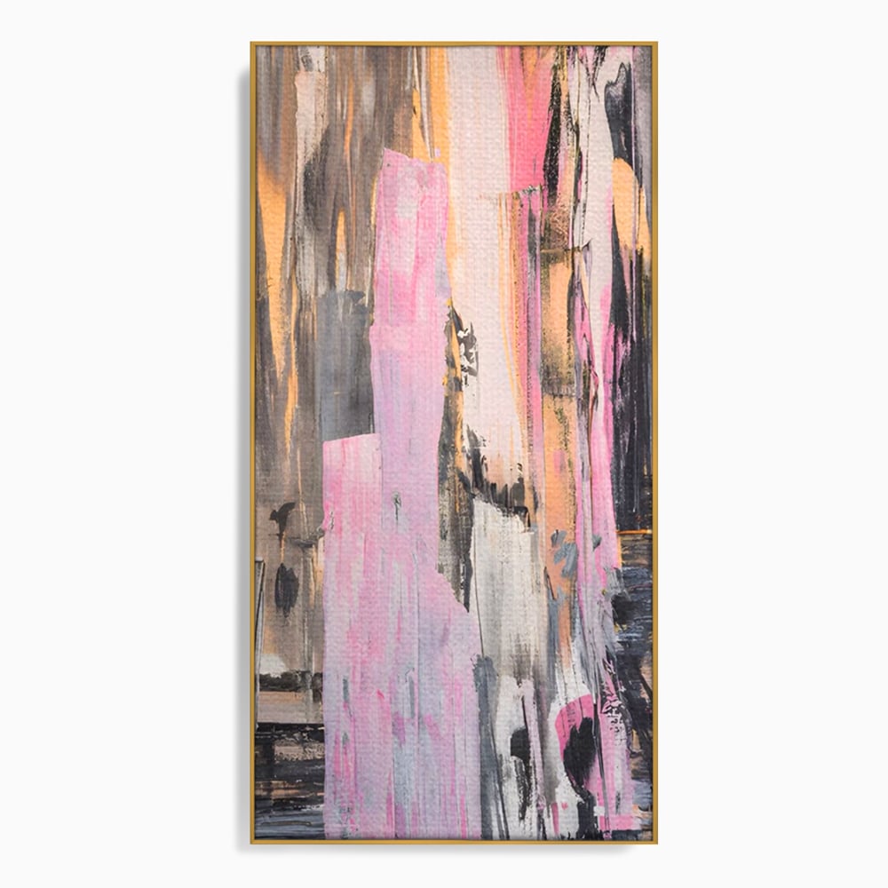 Tablou canvas cu pictura abstracta cu dungi roz, in rama de aluminiu auriu