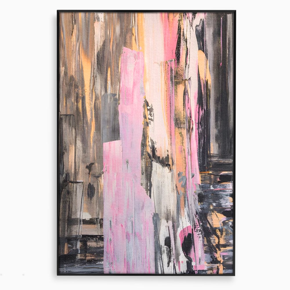 Tablou canvas cu pictura abstracta cu dungi roz, in rama de aluminiu negru