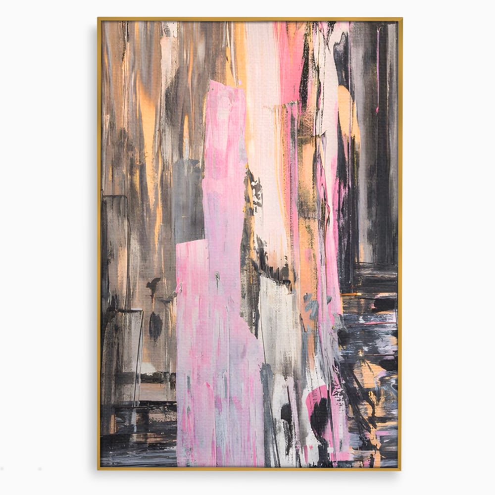 Tablou canvas cu pictura abstracta cu dungi roz, in rama de aluminiu auriu