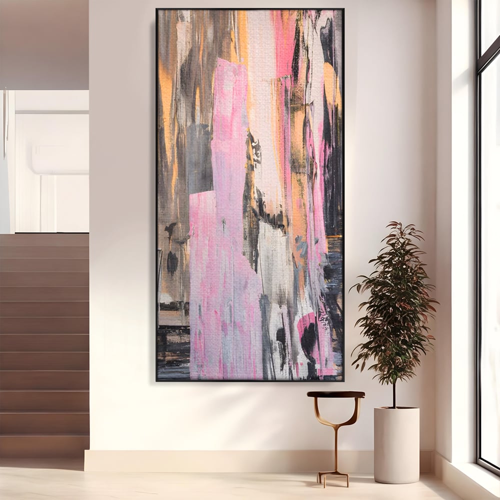 Tablou canvas cu pictura abstracta cu dungi roz, in rama de aluminiu negru