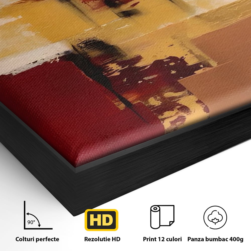 Detaliu al suprafetei: pictura abstracta cu patrate colorate, in rama de aluminiu negru