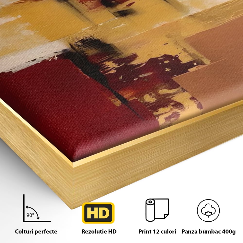 Detaliu al suprafetei: pictura abstracta cu patrate colorate, in rama de aluminiu auriu