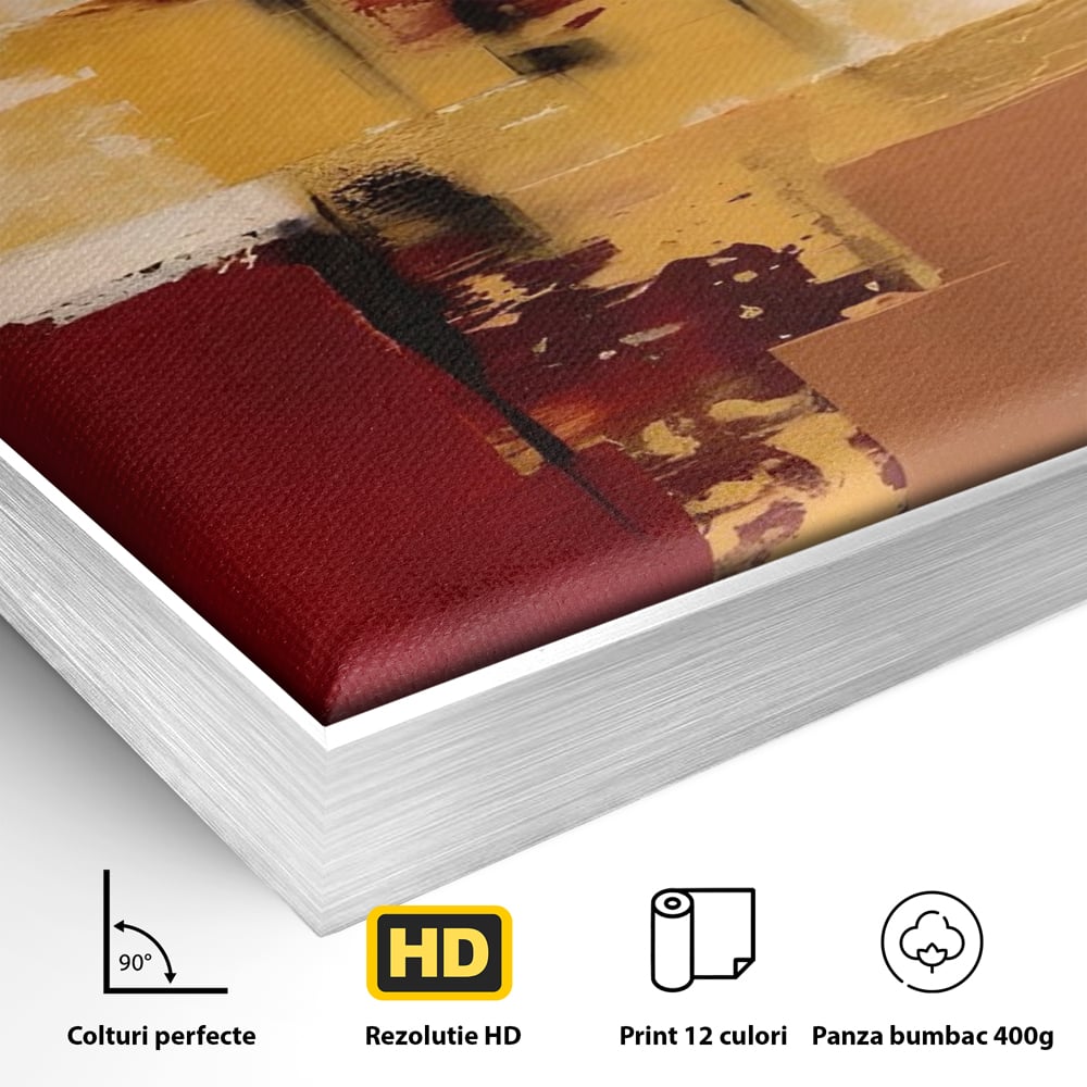 Detaliu al suprafetei: pictura abstracta cu patrate colorate, in rama de aluminiu argintiu