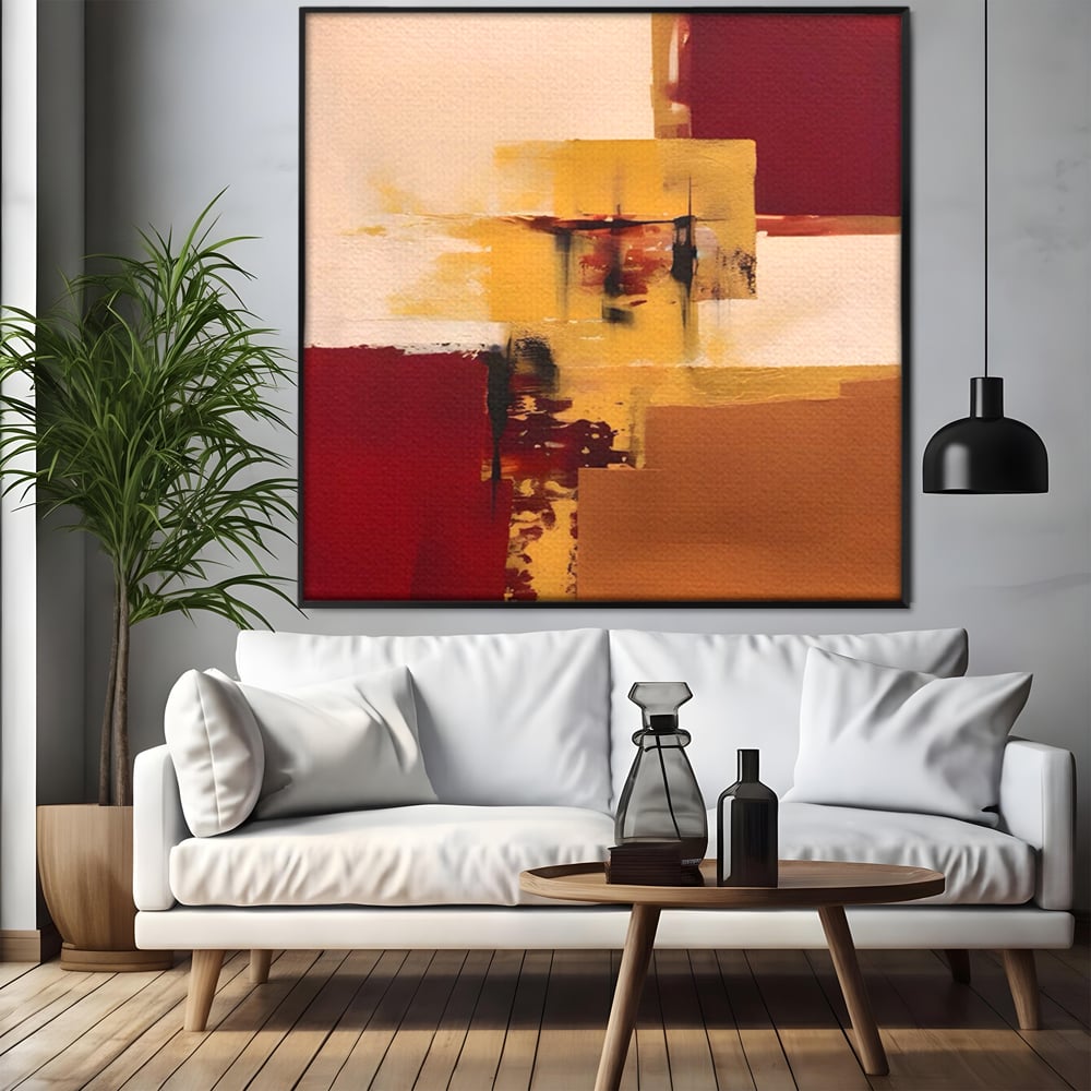 Tablou canvas cu pictura abstracta cu patrate colorate, in rama de aluminiu negru, pe perete intr-un living