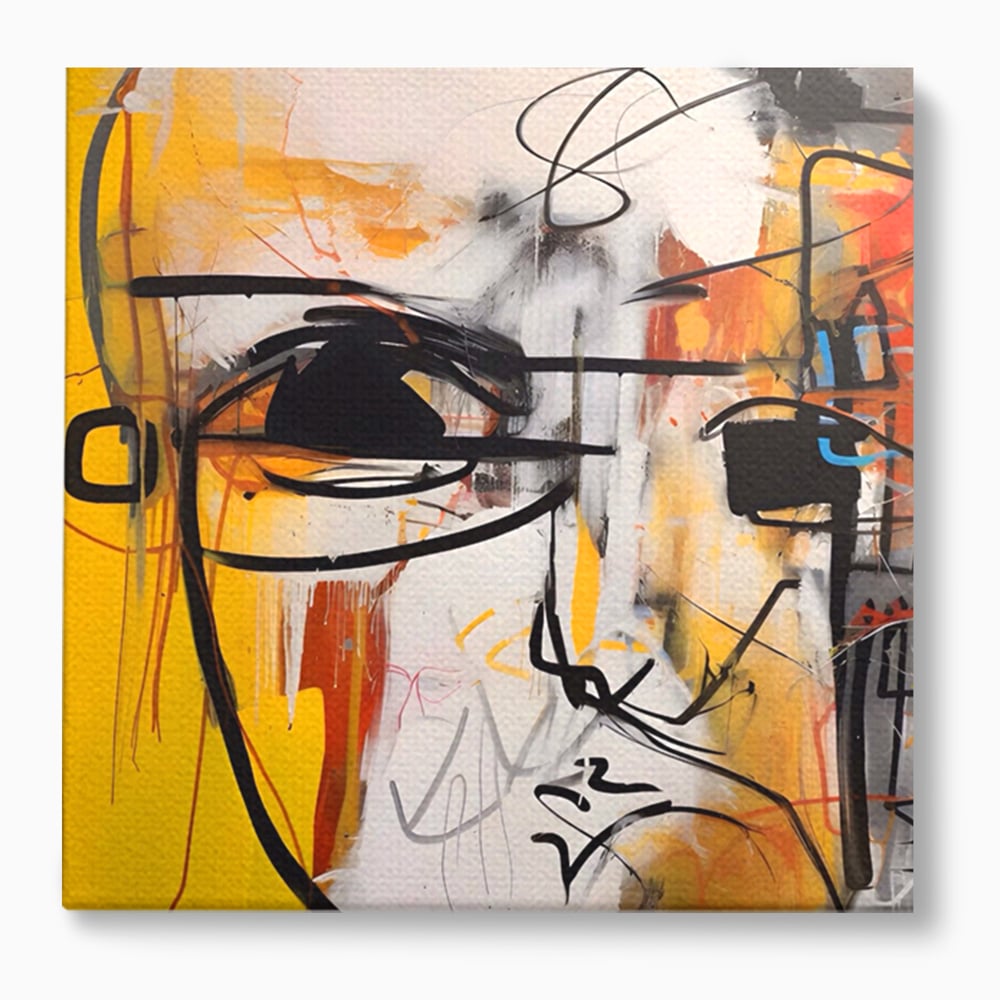 Tablou canvas cu pictura abstracta cu chip stilizat, fara rama, pe sasiu de lemn