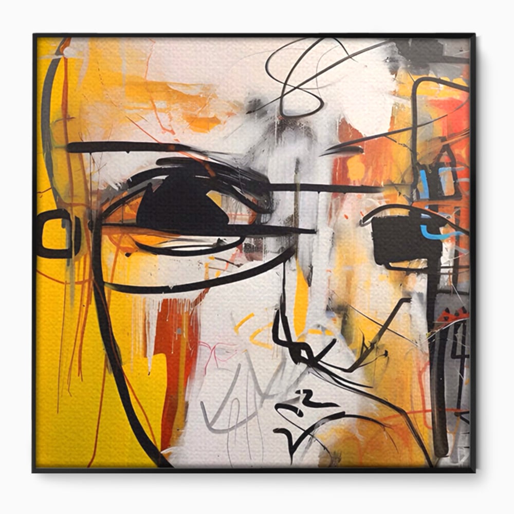 Tablou canvas cu pictura abstracta cu chip stilizat, in rama de aluminiu negru
