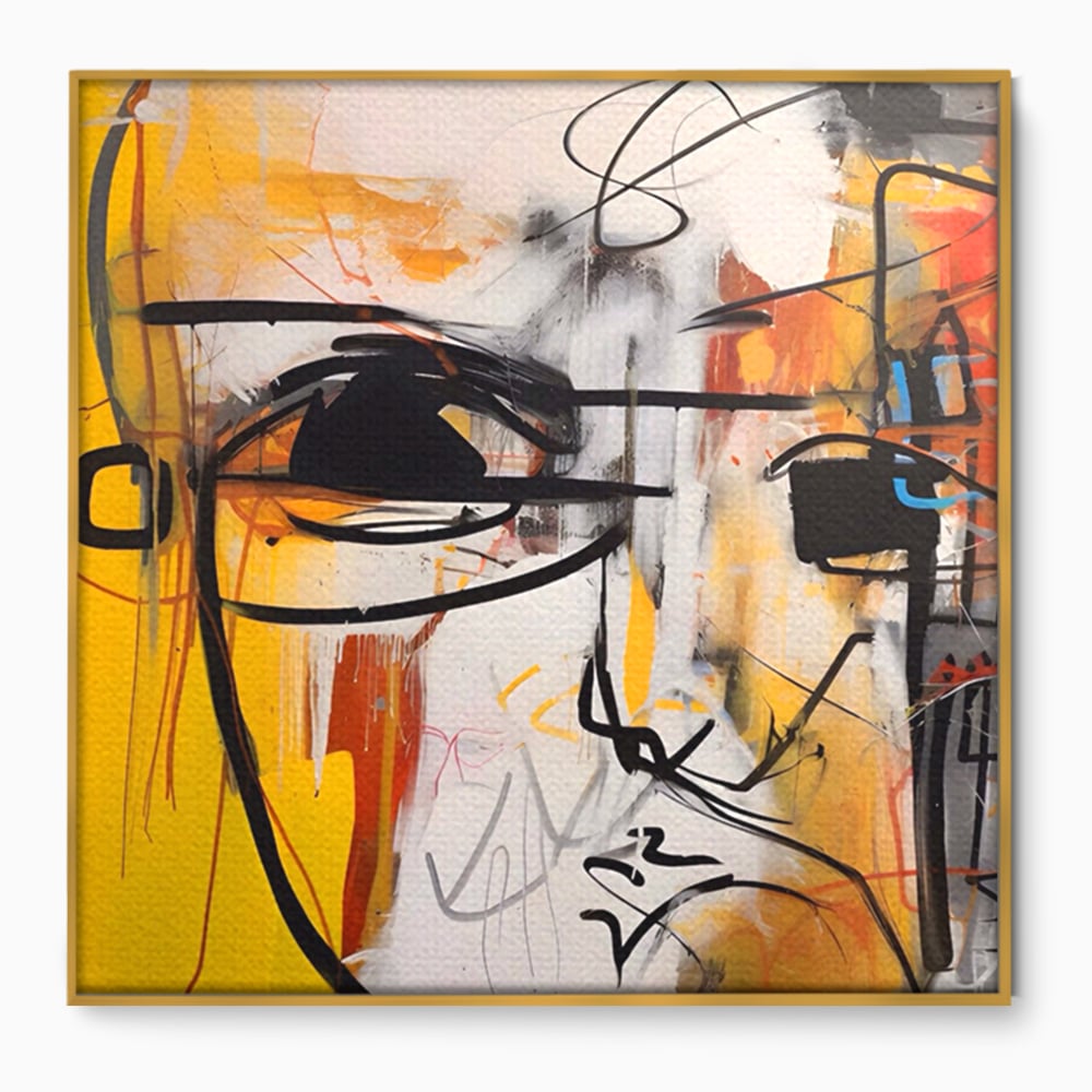 Tablou canvas cu pictura abstracta cu chip stilizat, in rama de aluminiu auriu