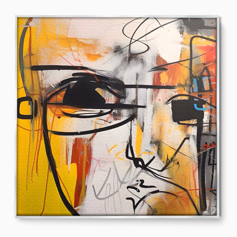 Tablou canvas cu pictura abstracta cu chip stilizat, in rama de aluminiu argintiu