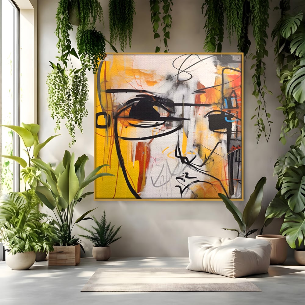 Tablou canvas cu pictura abstracta cu chip stilizat, in rama de aluminiu auriu