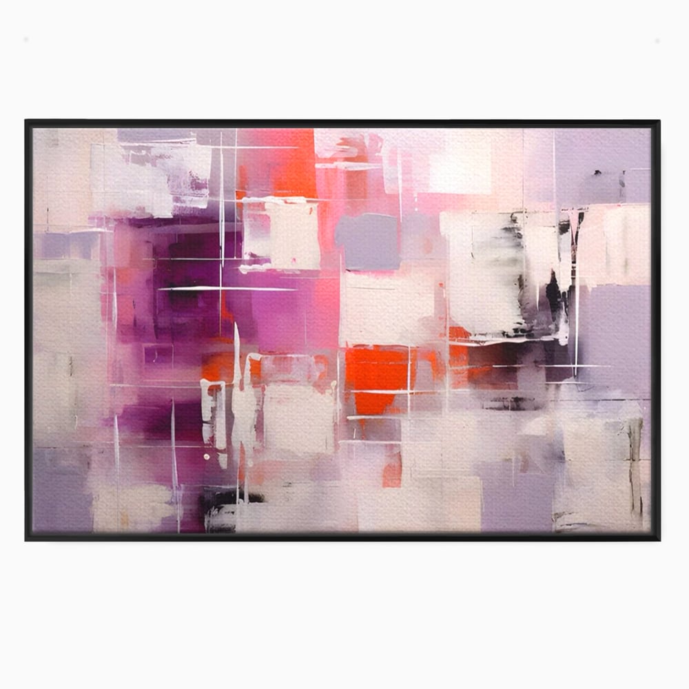 Tablou canvas cu pictura abstracta cu pete mov, in rama de aluminiu negru