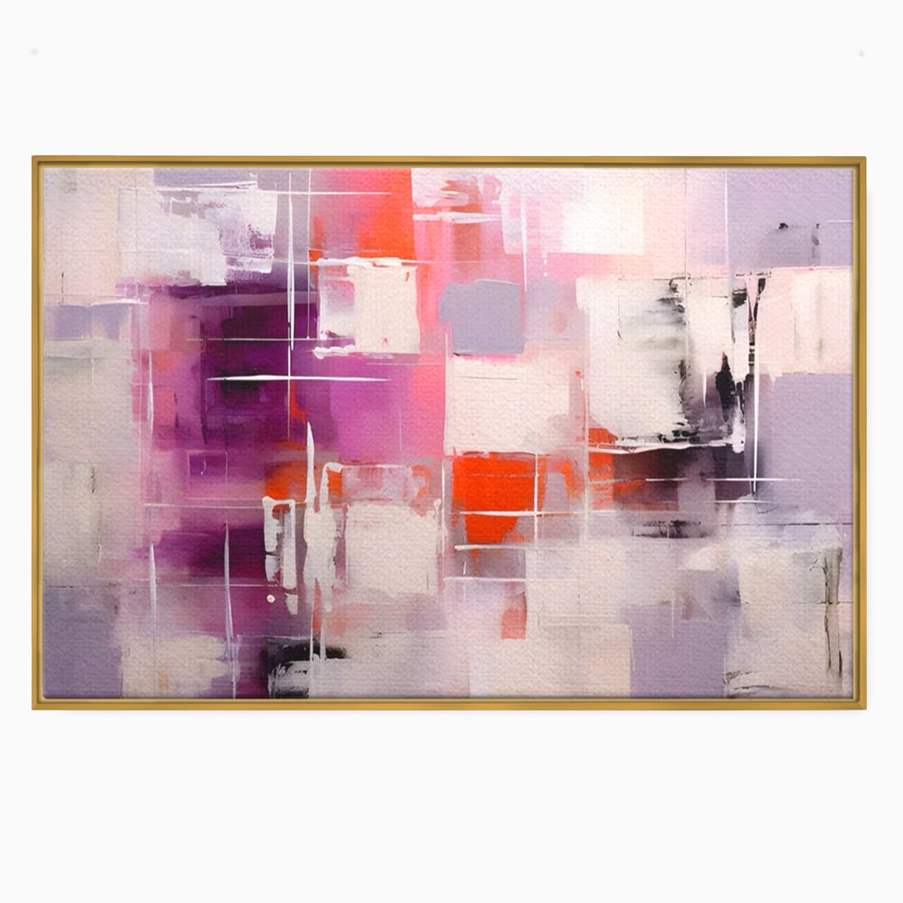 Tablou canvas cu pictura abstracta cu pete mov, in rama de aluminiu auriu