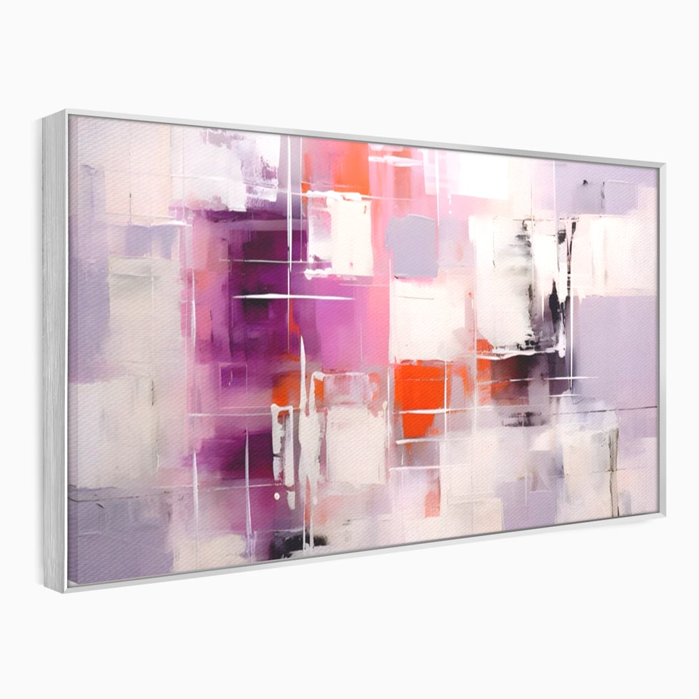 Tablou canvas cu pictura abstracta cu pete mov, in rama de aluminiu argintiu