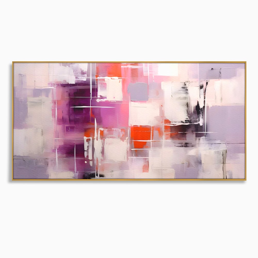 Tablou canvas cu pictura abstracta cu pete mov, in rama de aluminiu auriu