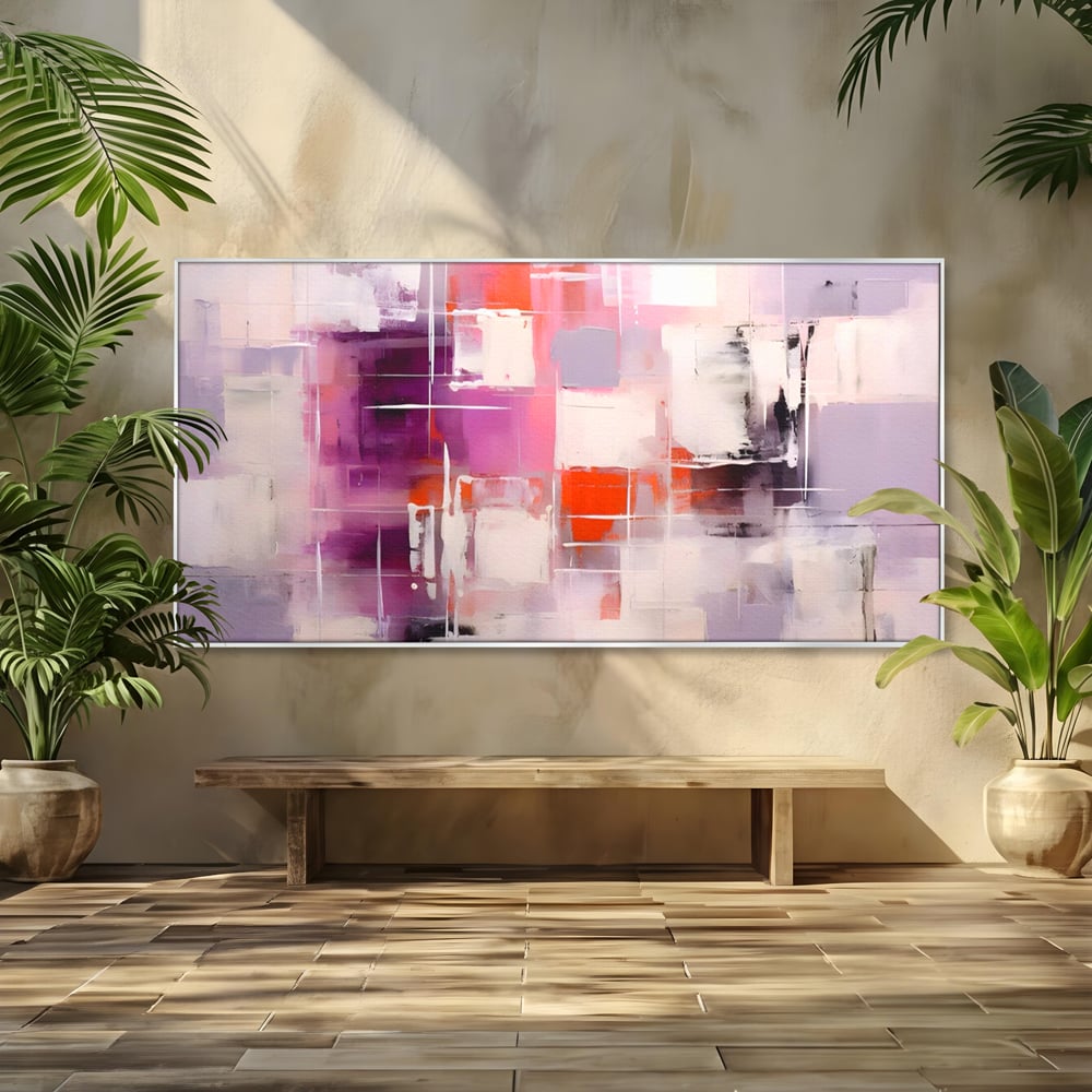 Tablou canvas cu pictura abstracta cu pete mov, in rama de aluminiu argintiu