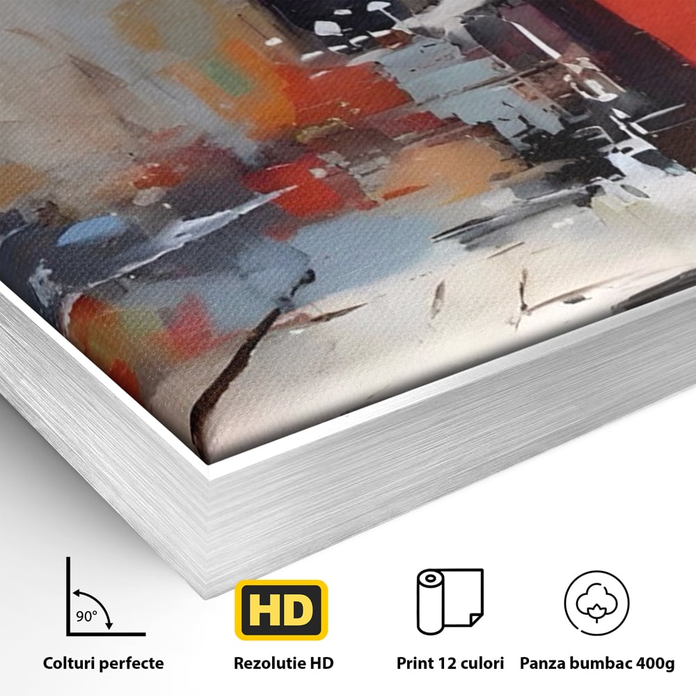 Detaliu al suprafetei: pictura abstracta cu oras si cladiri, in rama de aluminiu argintiu