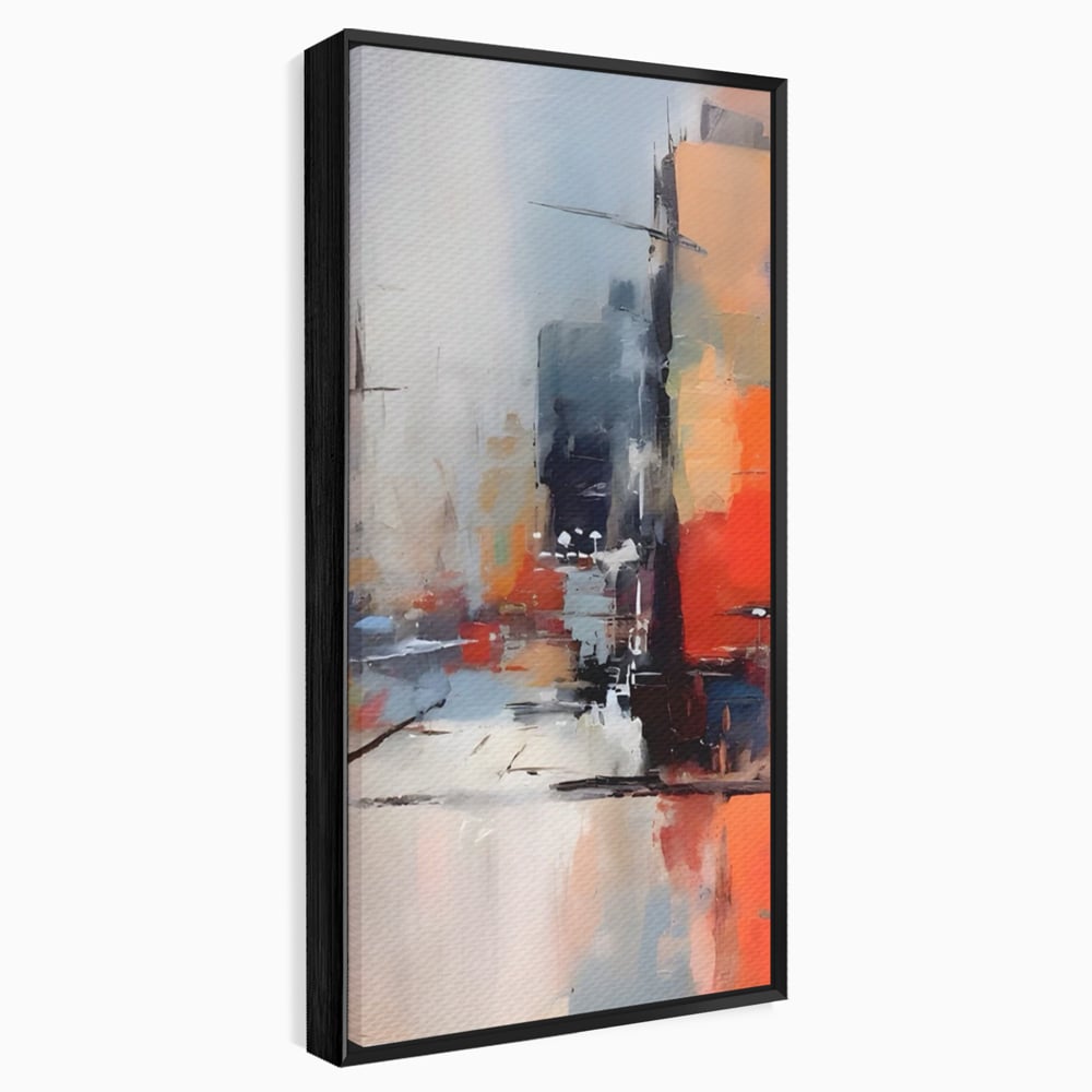 Tablou canvas cu pictura abstracta cu oras si cladiri, in rama de aluminiu negru