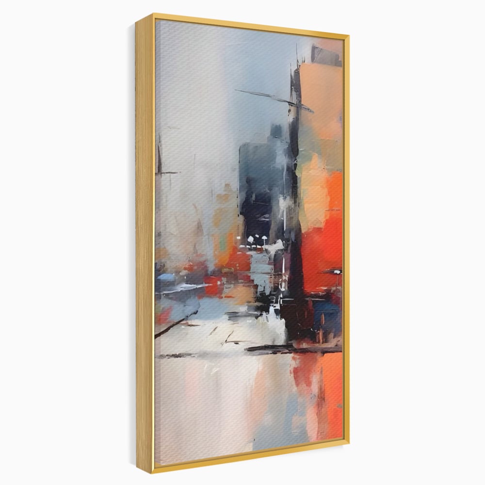 Tablou canvas cu pictura abstracta cu oras si cladiri, in rama de aluminiu auriu