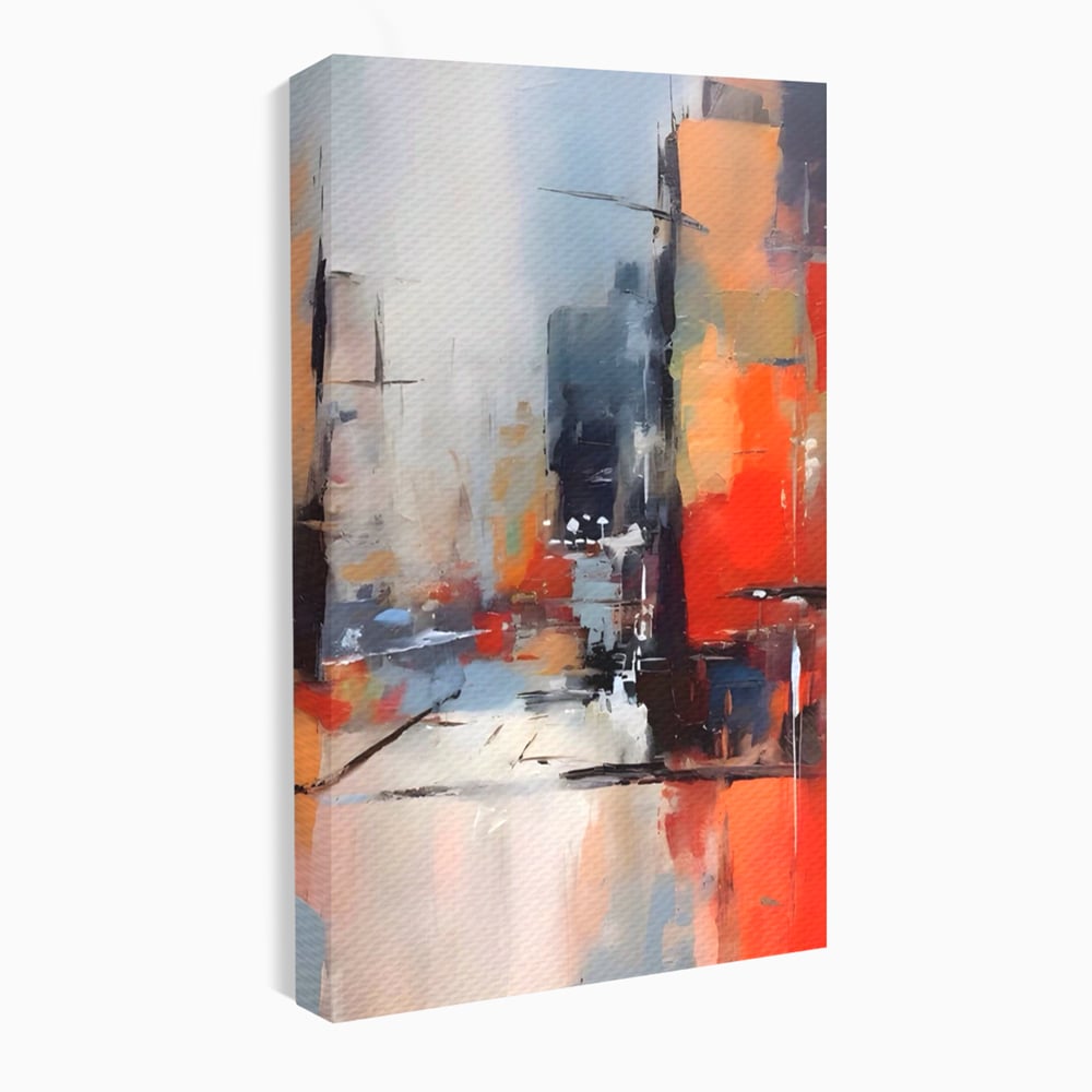 Tablou canvas cu pictura abstracta cu oras si cladiri, fara rama, pe sasiu de lemn
