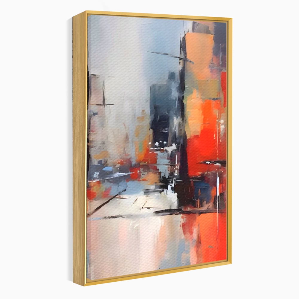 Tablou canvas cu pictura abstracta cu oras si cladiri, in rama de aluminiu auriu