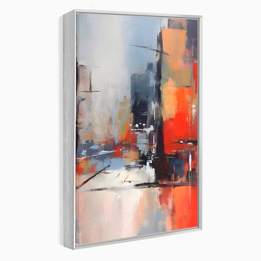 Tablou canvas cu pictura abstracta cu oras si cladiri, in rama de aluminiu argintiu