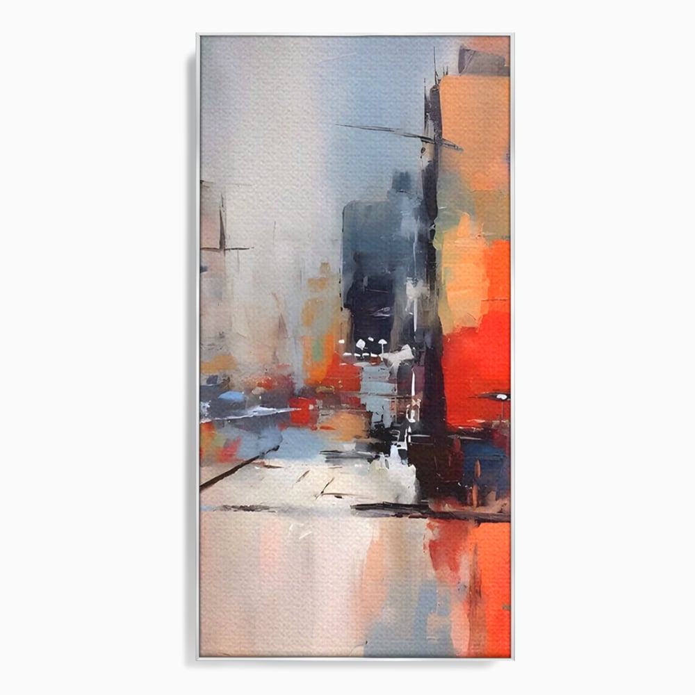 Tablou canvas cu pictura abstracta cu oras si cladiri, in rama de aluminiu argintiu
