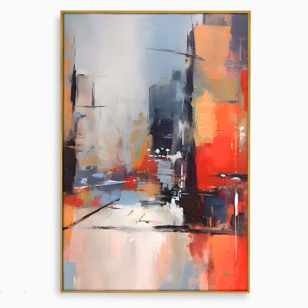 Tablou canvas cu pictura abstracta cu oras si cladiri, in rama de aluminiu auriu