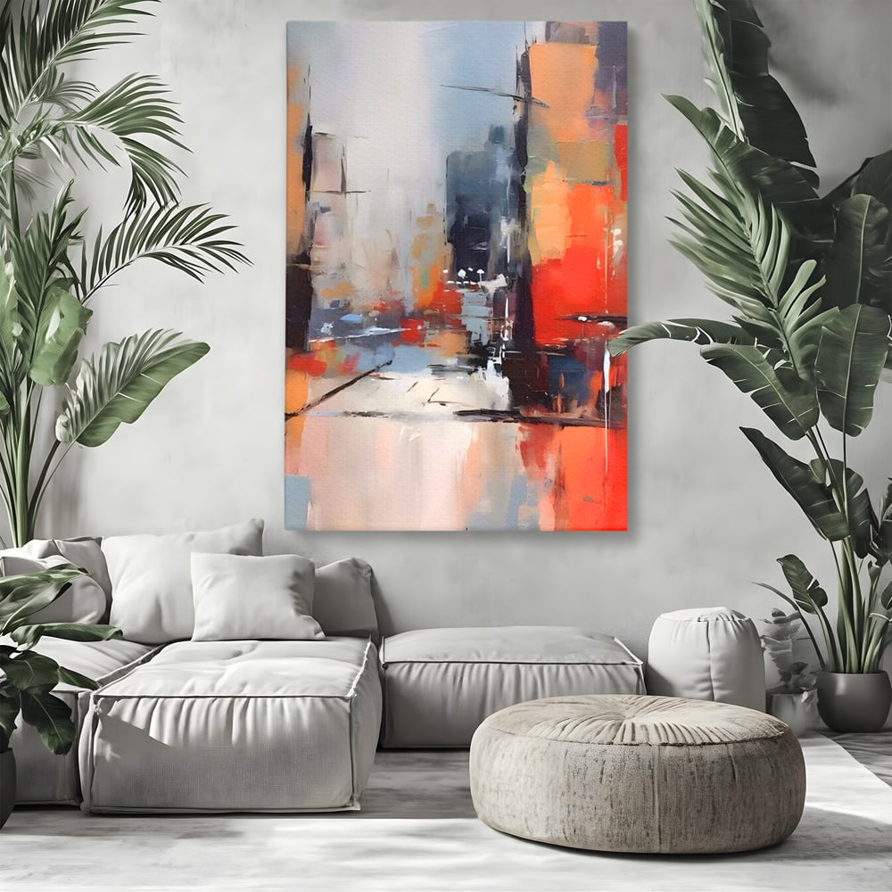 Tablou canvas cu pictura abstracta cu oras si cladiri, fara rama, pe sasiu de lemn, pe perete intr-un living