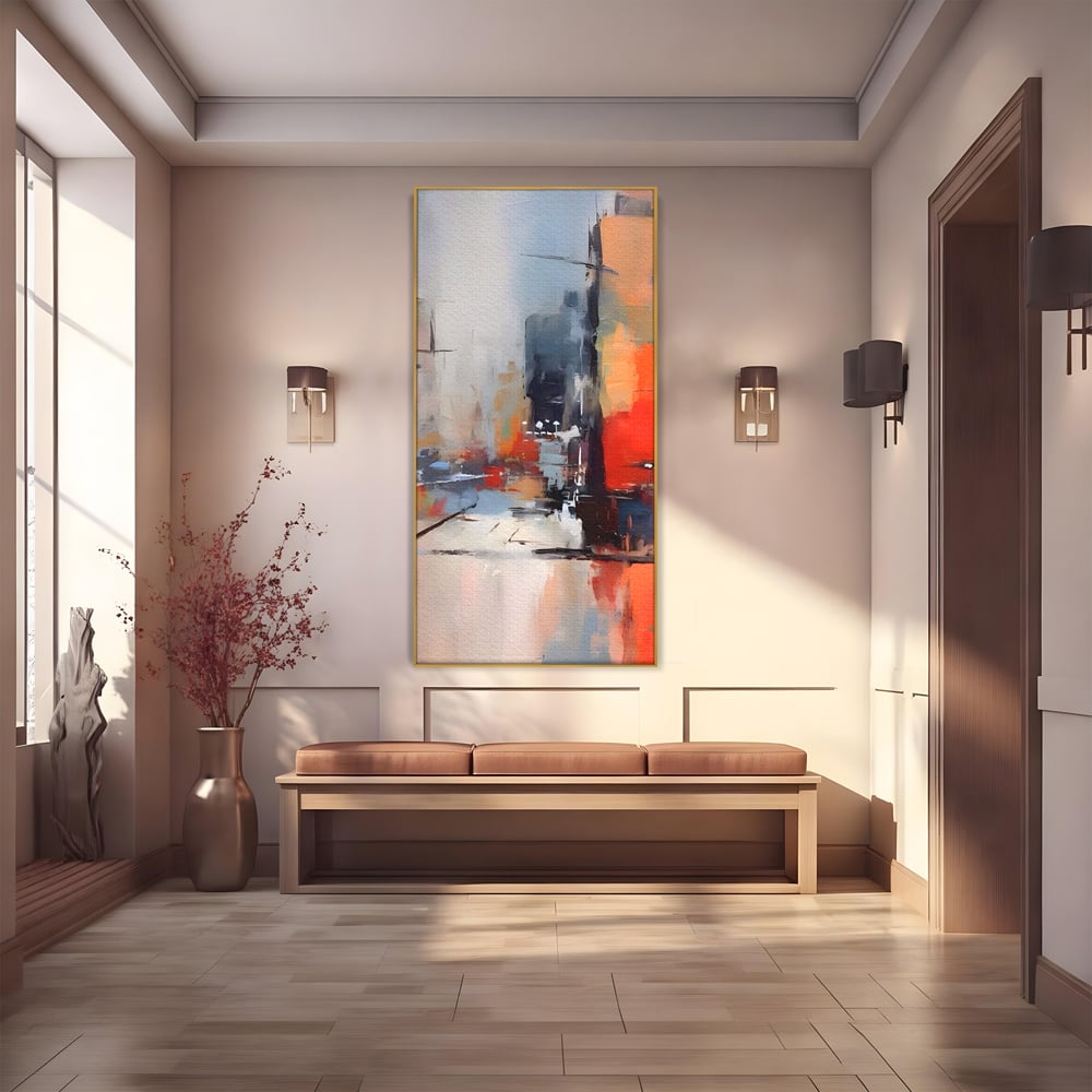 Tablou canvas cu pictura abstracta cu oras si cladiri, in rama de aluminiu auriu